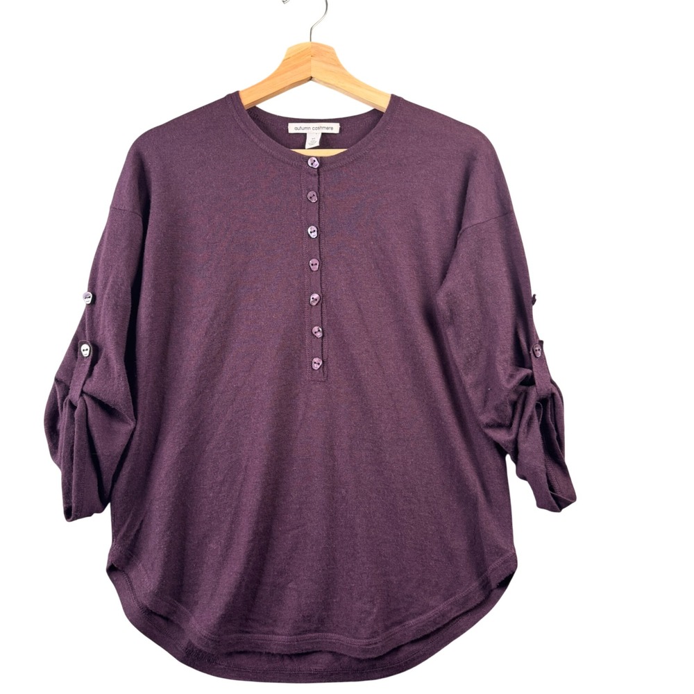 Autumn‎ Cashmere Purple 100% Pure Cashmere Henley Roll Tab Sleeve Sweater XS